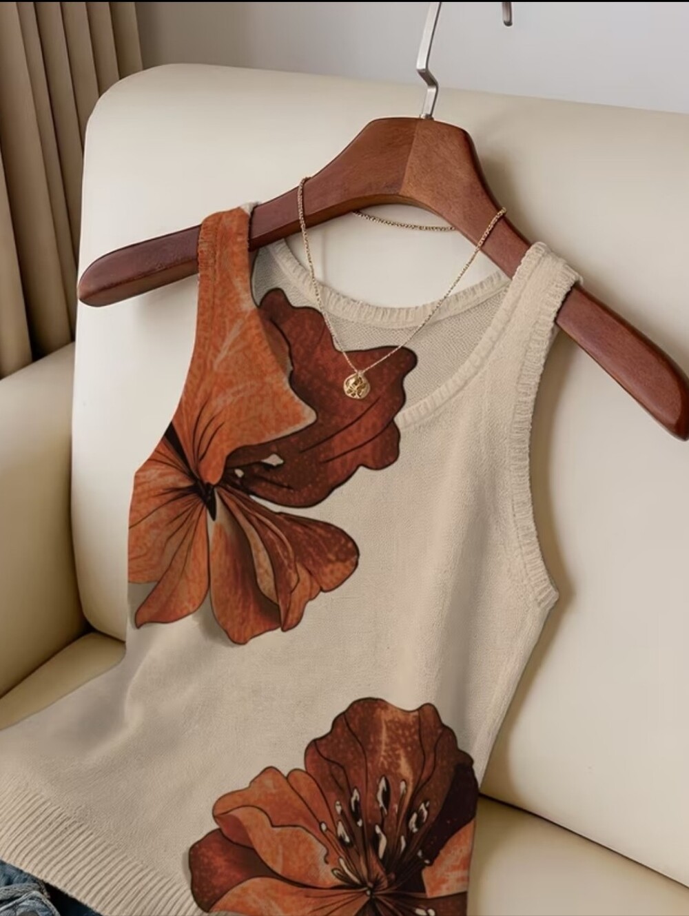 Light And Bright Cream Floral Knit V-Neck Vest Style with Burnt Orange Flowers